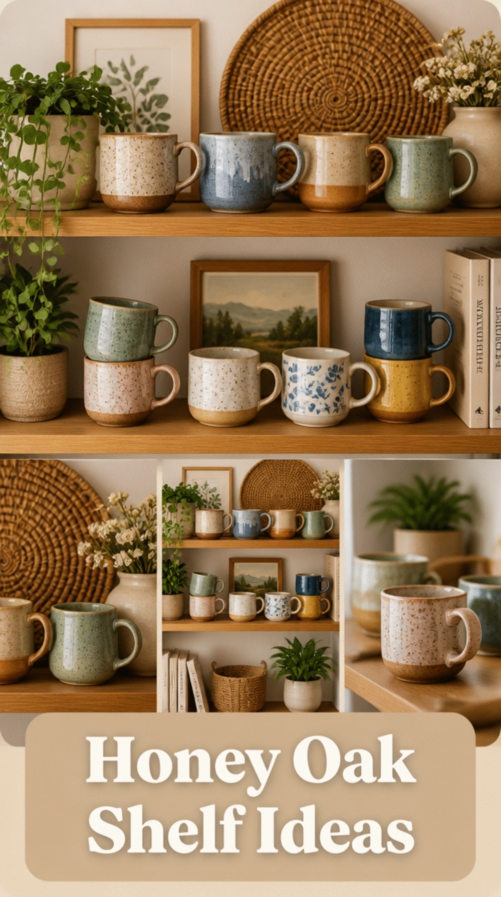 Honey Oak Kitchen Shelf with a Row of Handmade Ceramic Mugs Displayed