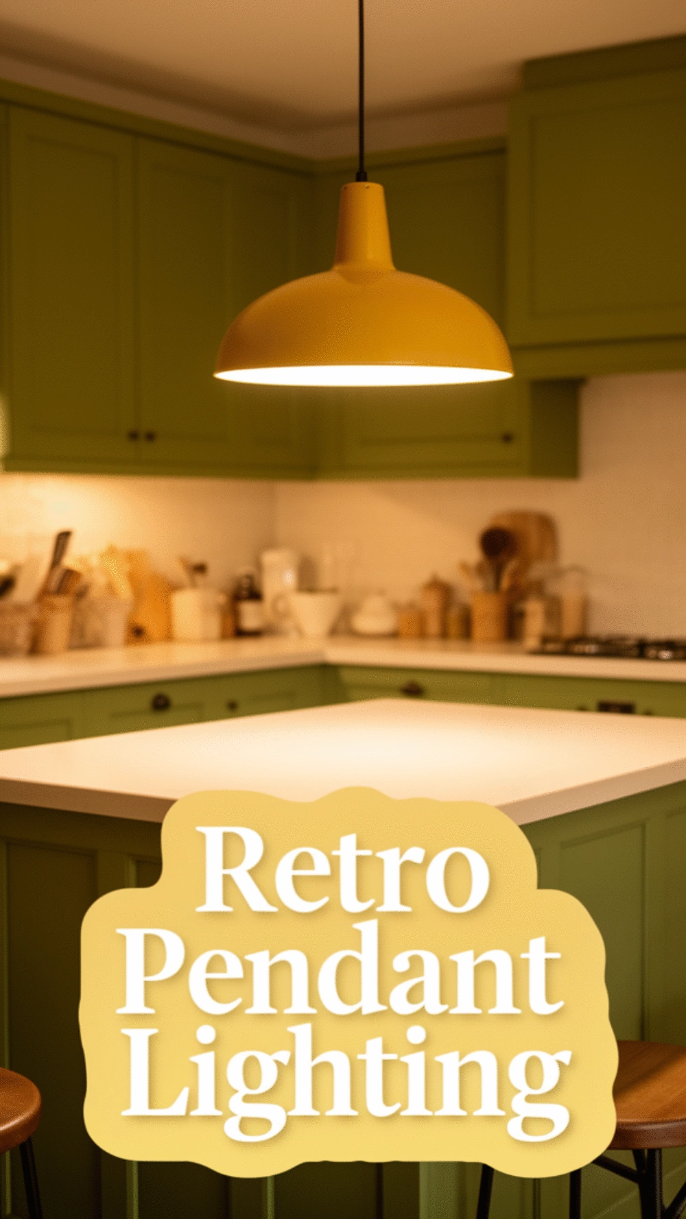 Retro Kitchen Pendant Light in Mustard Yellow Enamel Above the Island