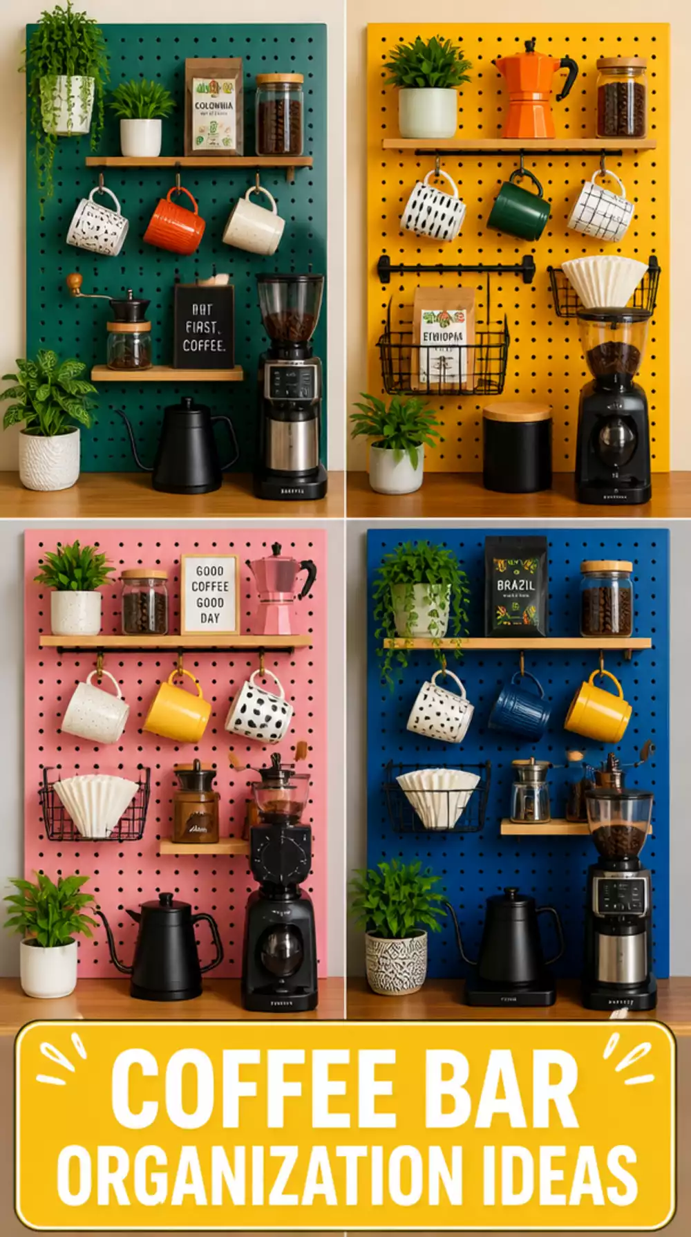 Kitchen Coffee Bar Wall Pegboard That Holds Cups Grinder and Filters