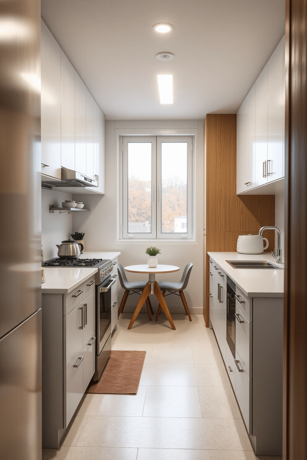 Interior shot of a well-organized kitchen with sleek cabinetry, modern appliances, and a small dining nook with minimalist furniture.