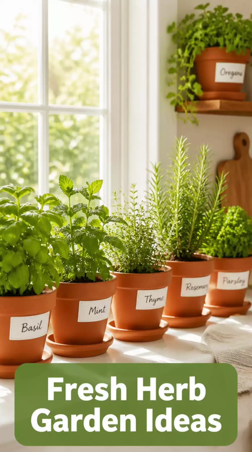 Kitchen Windowsill Herb Pot Set in Terracotta with Handwritten Clay Labels