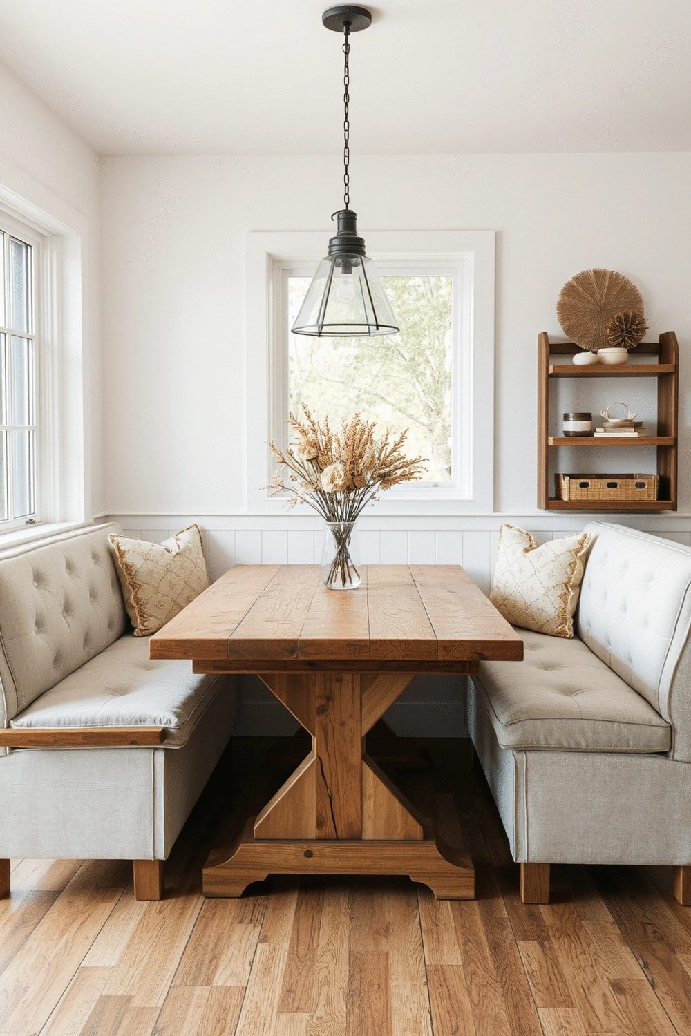 A modern farmhouse style breakfast nook with a distressed wooden table, a plush upholstered bench, and rustic decorative elements. A vase with dried flowers sits on the table.