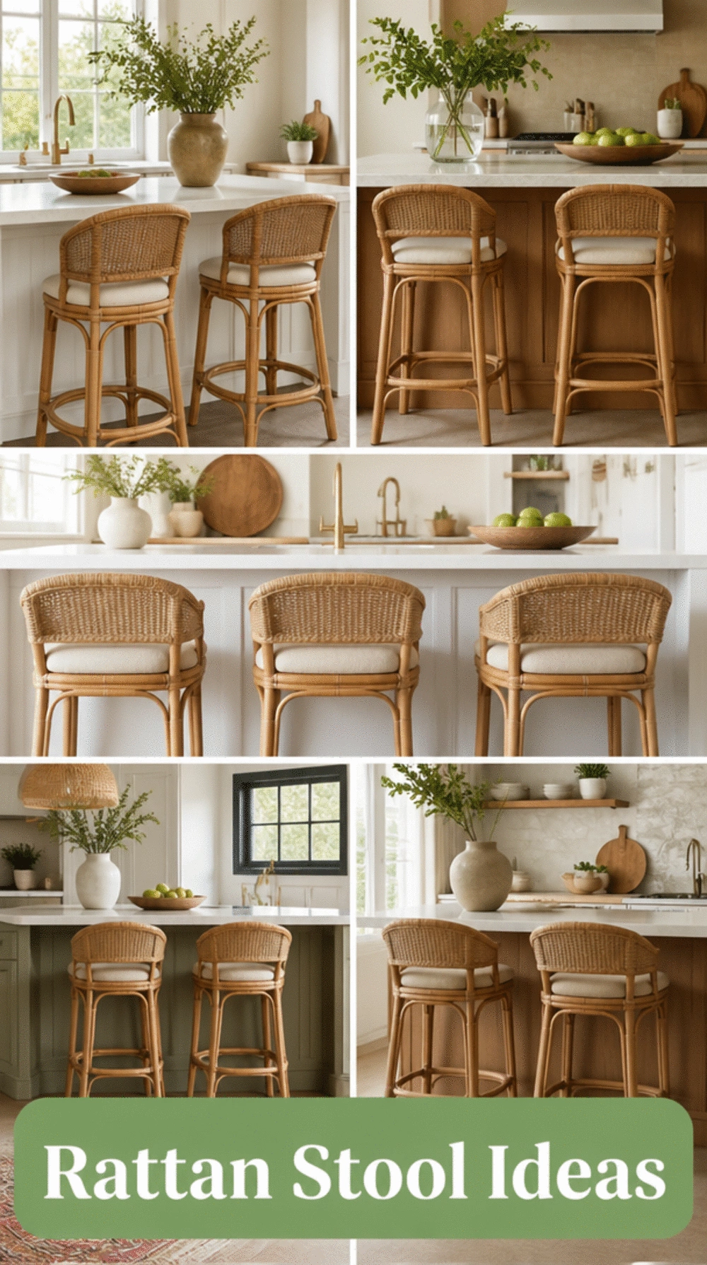 Rattan Kitchen Bar Stool with a Low Woven Back for a Natural Look