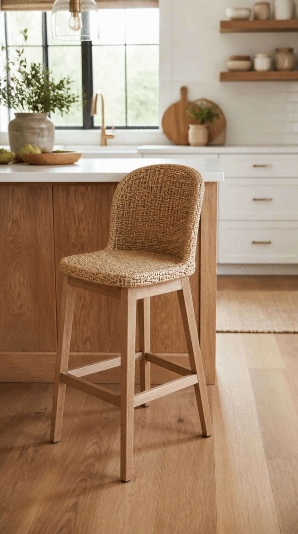 Woven Rattan Kitchen Bar Stool with a Solid Oak Leg Frame Below