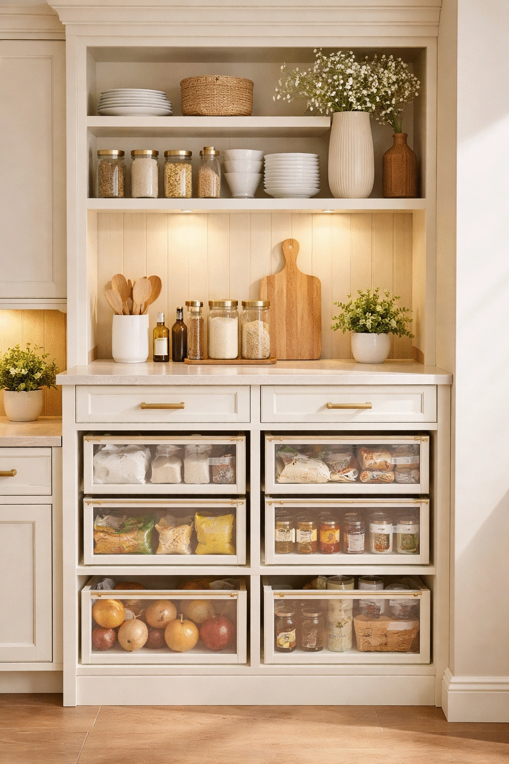 Warm White Kitchen Cabinet in a Creamy Off-White with a Brushed Brass Pull