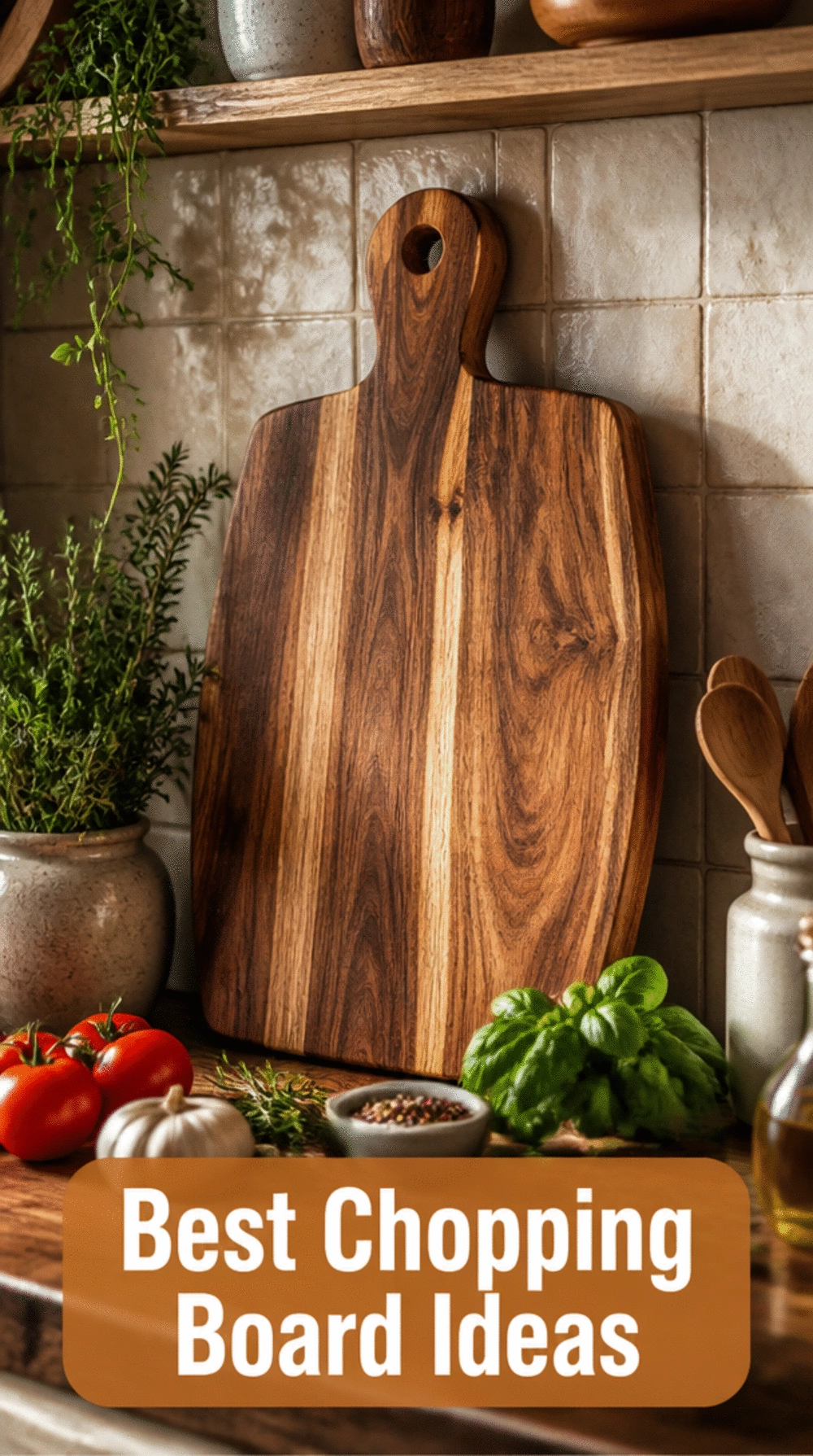 Kitchen Wooden Chopping Board Display Propped Against the Backsplash