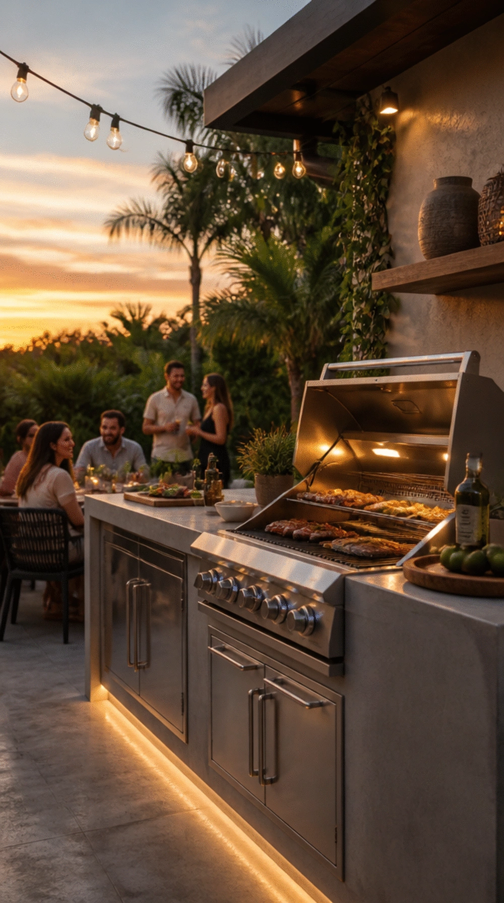 Outdoor Kitchen with Built-In Gas Grill and a Smooth Concrete Countertop
