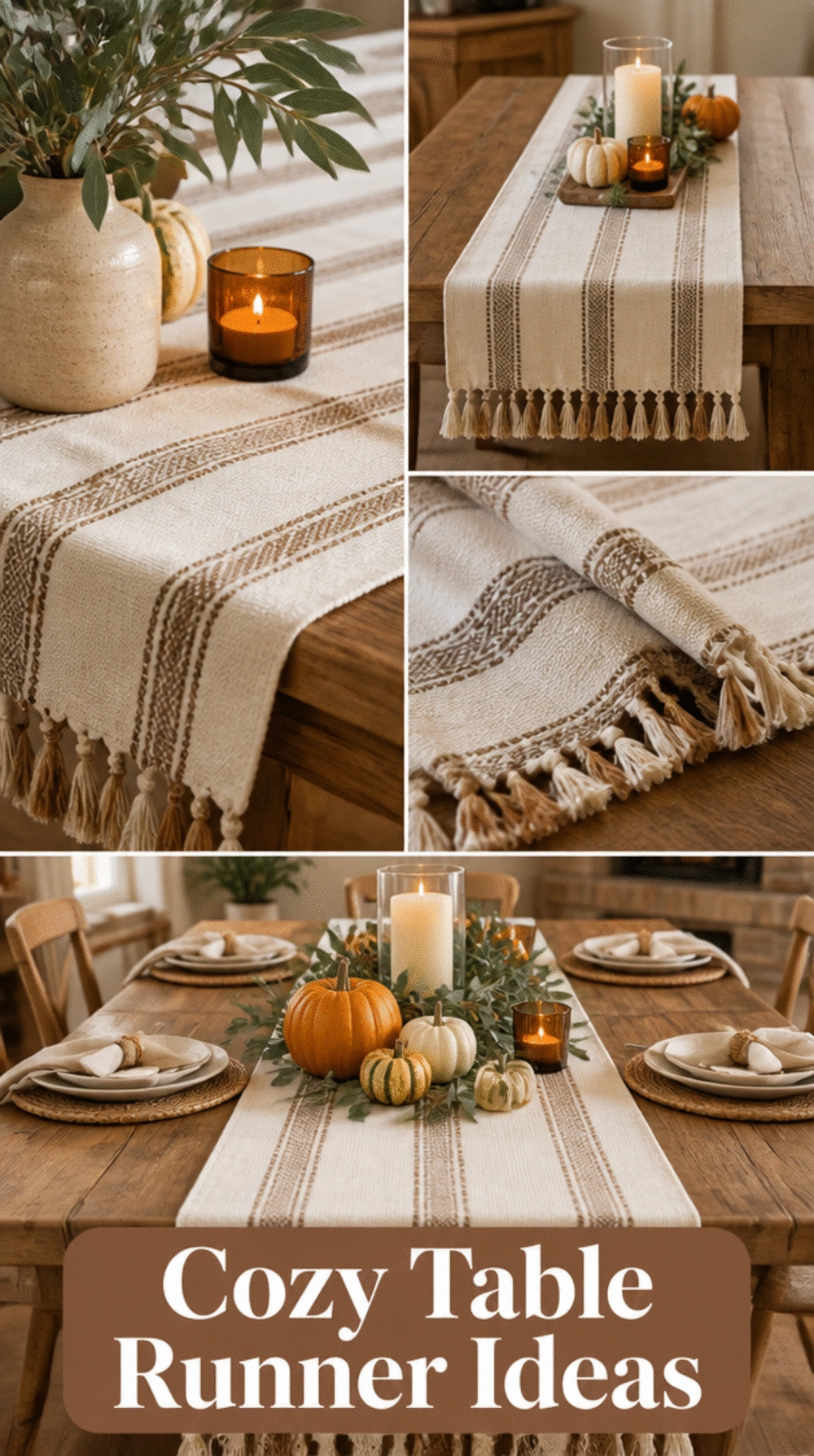 Woven Kitchen Table Runner in a Natural Stripe with a Tassel Fringe Edge