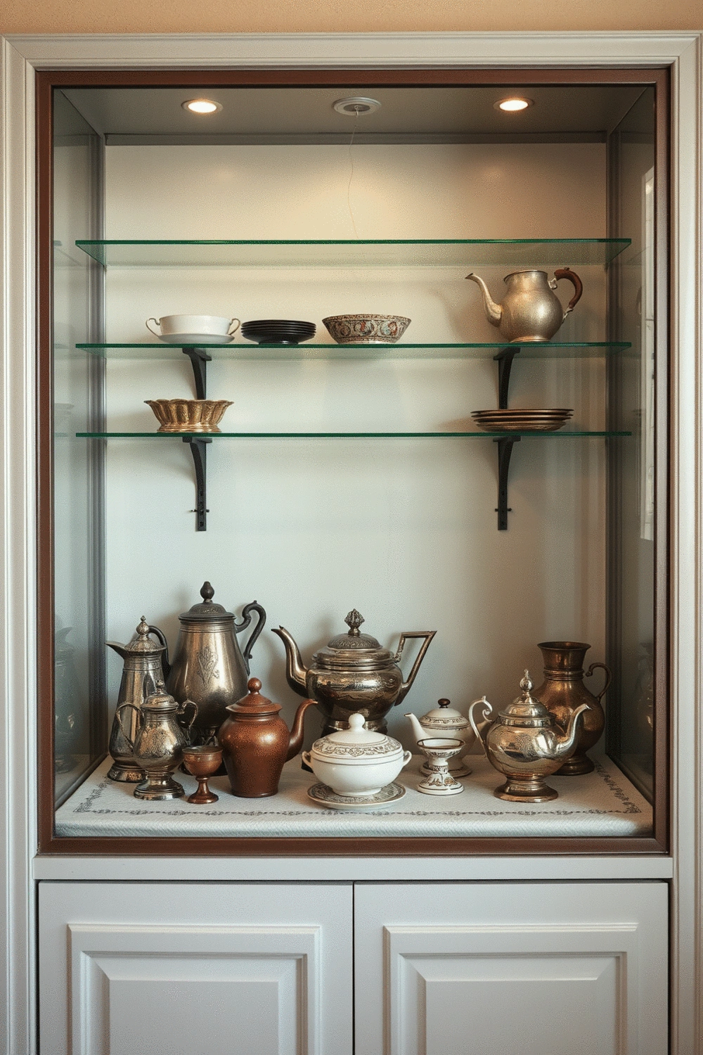 Elegant display case showcasing antique kitchenware, with soft lighting and a clean background, emphasizing care for vintage items