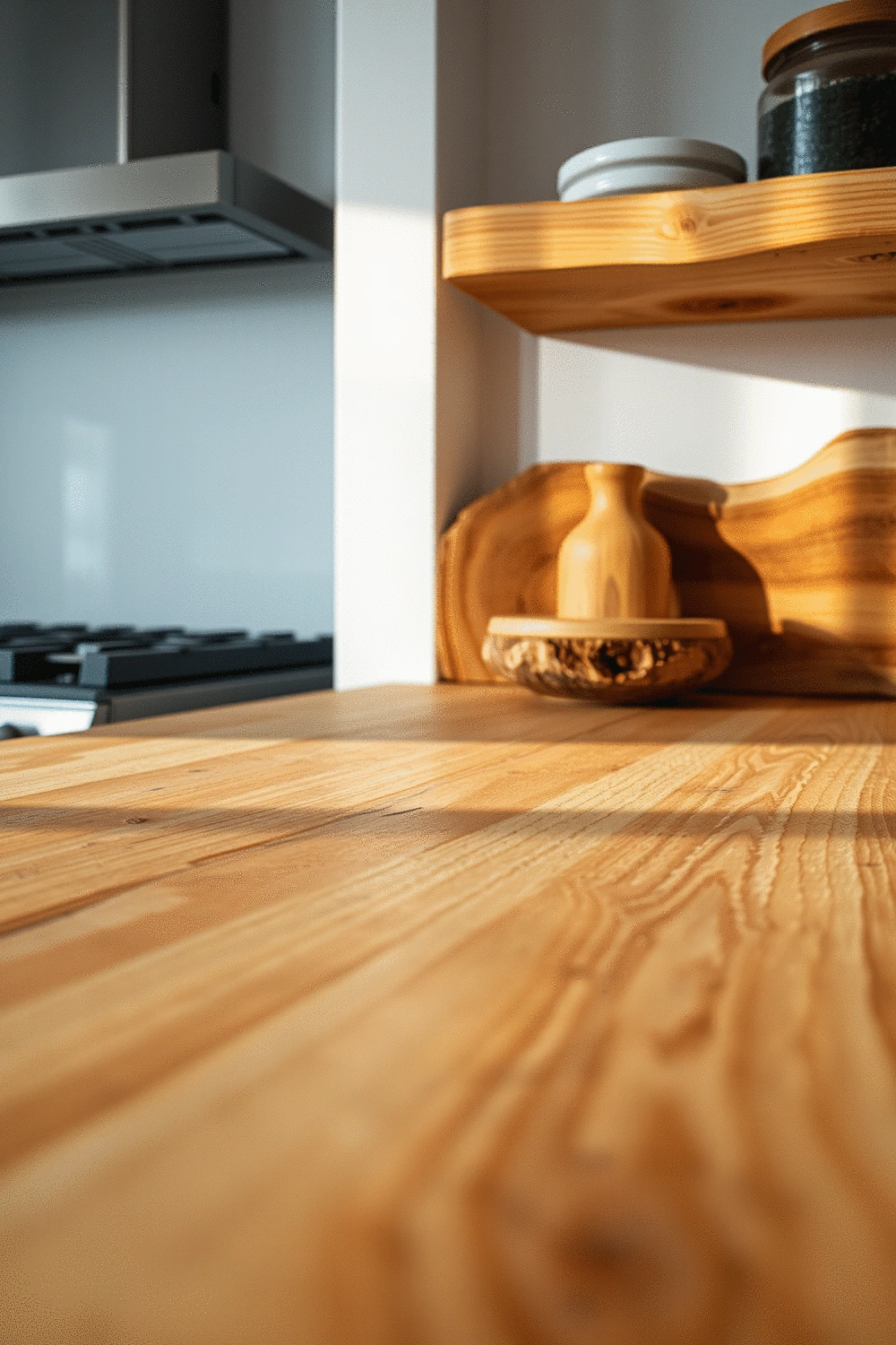 Close-up of a butcher block countertop with natural wood grain, next to a subtle live-edge wooden shelf with decorative items. Soft lighting highlights the textures.