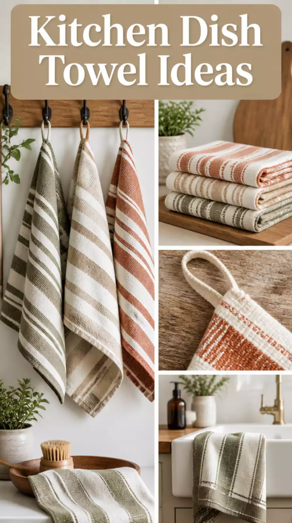 Woven Cotton Kitchen Dish Towel Set in Earthy Stripe with a Hanging Loop
