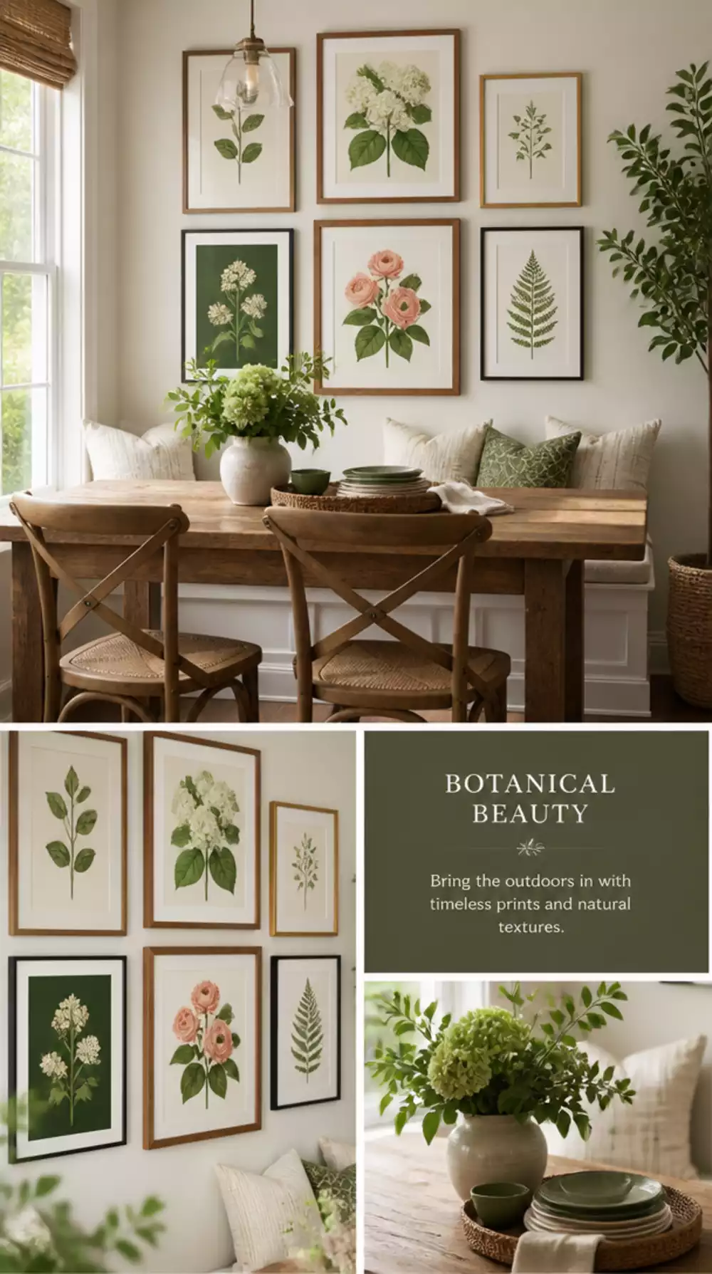 Kitchen Framed Botanical Print Gallery Wall Above the Dining Table