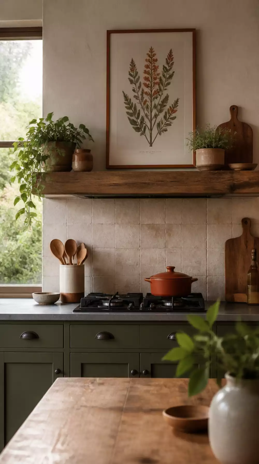 Kitchen Botanical Print in a Warm Terracotta Frame Above the Hob Shelf
