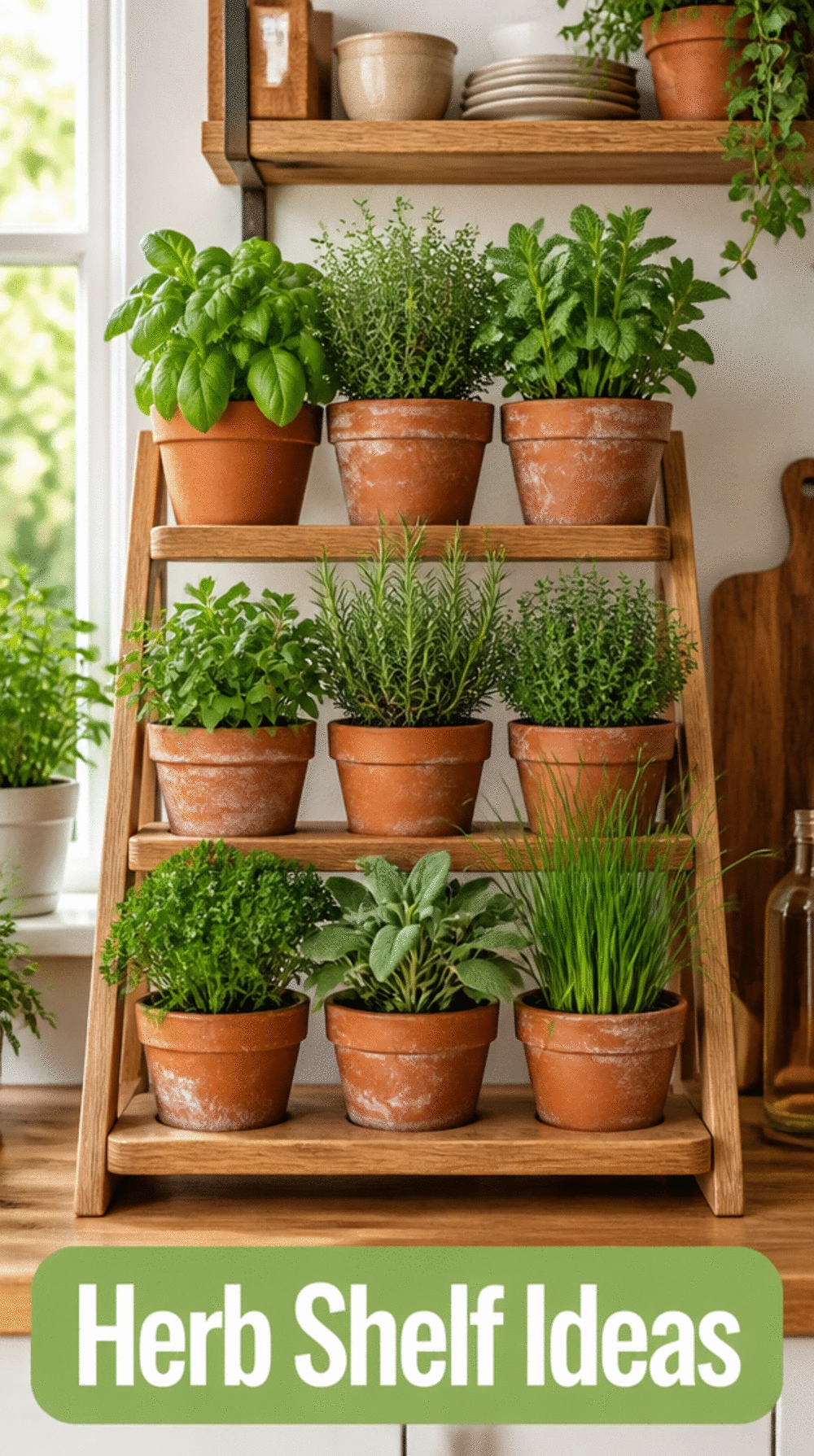 Kitchen Open Shelf with a Row of Potted Fresh Herbs in Terracotta Pots