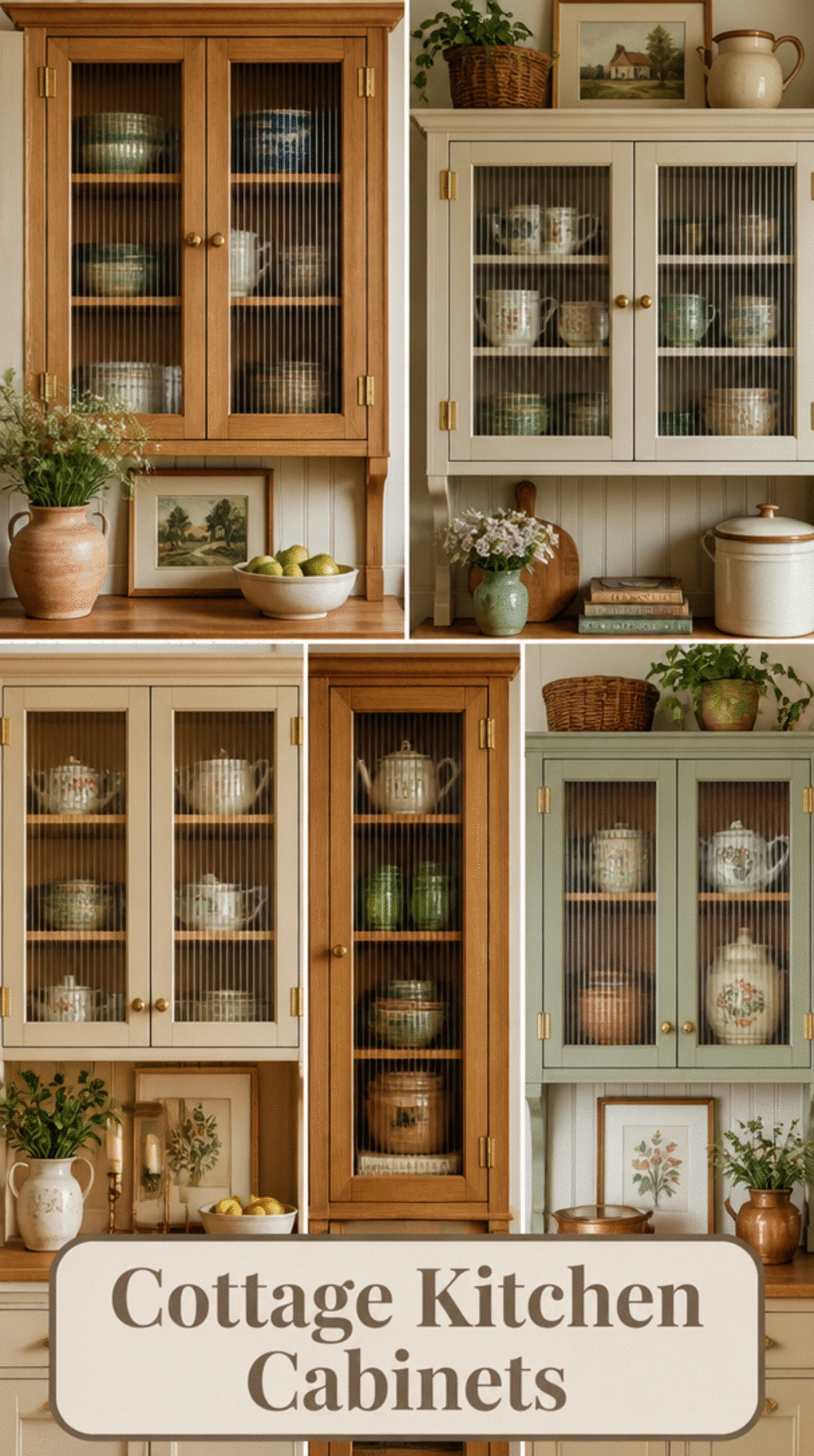 Cottage Kitchen Cabinet with Fluted Glass Door Inserts and Brass Hinges