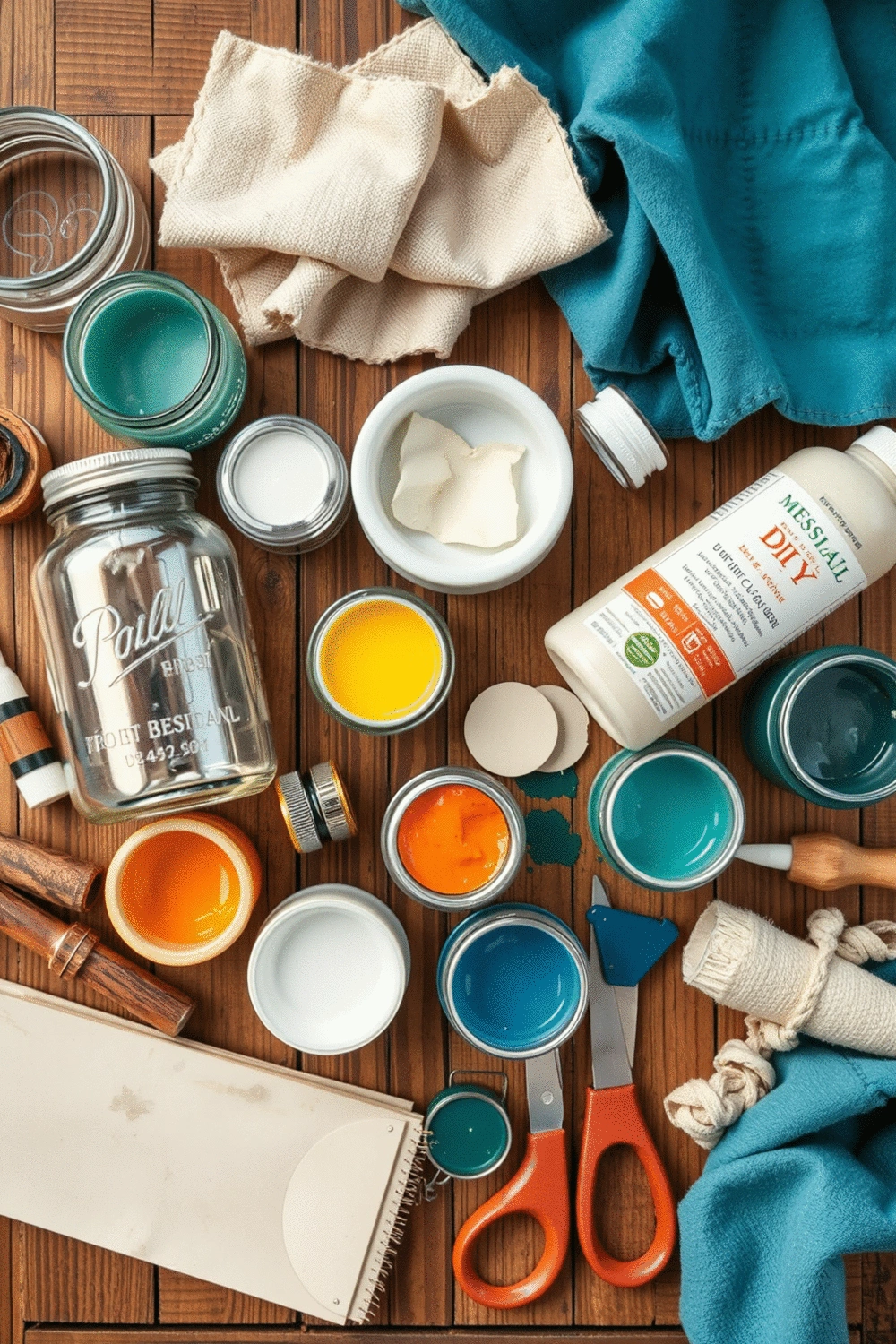 Flat lay of various DIY craft supplies and repurposed items like vintage jars, fabric scraps, and paints on a rustic wooden table