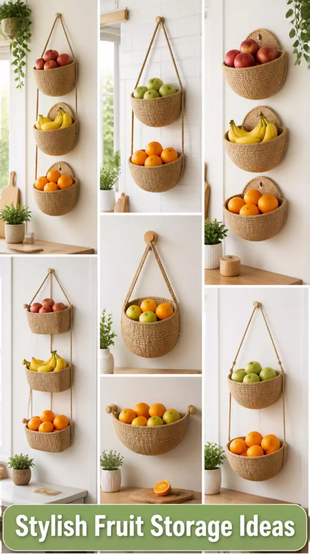Kitchen Wall-Mounted Fruit Basket in Woven Jute with a Tiered Hanging Design