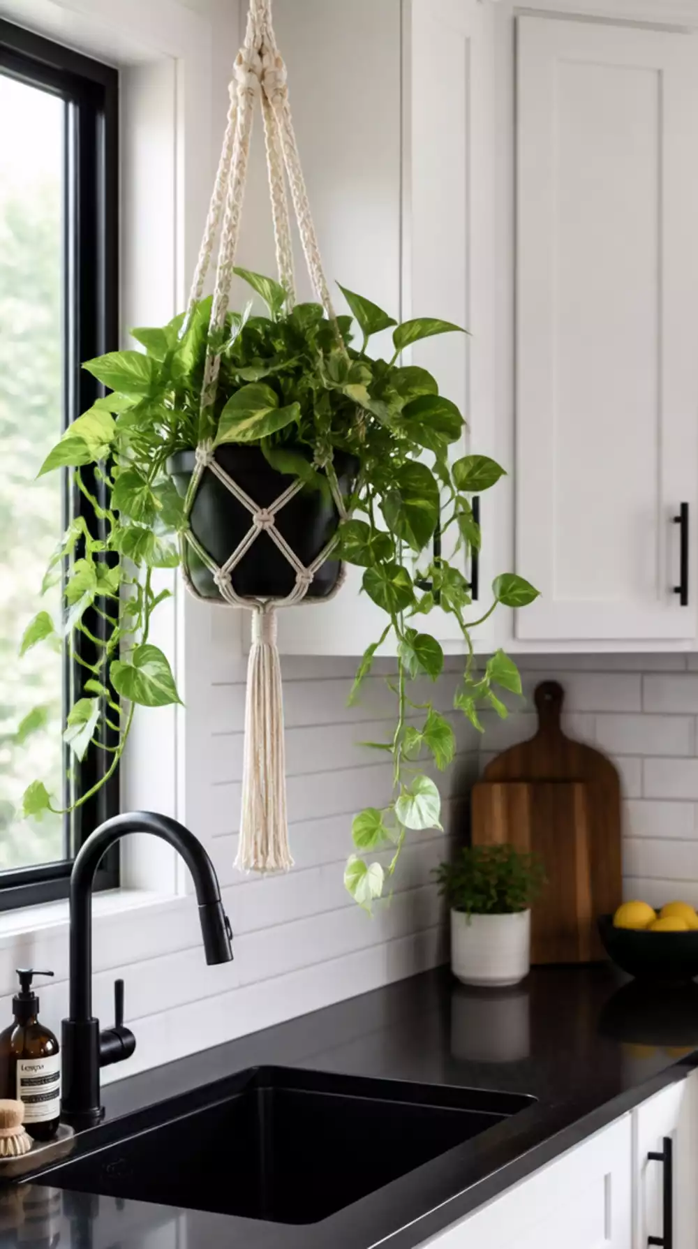 Trailing Kitchen Pothos in a Hanging Macrame Planter Above the Sink