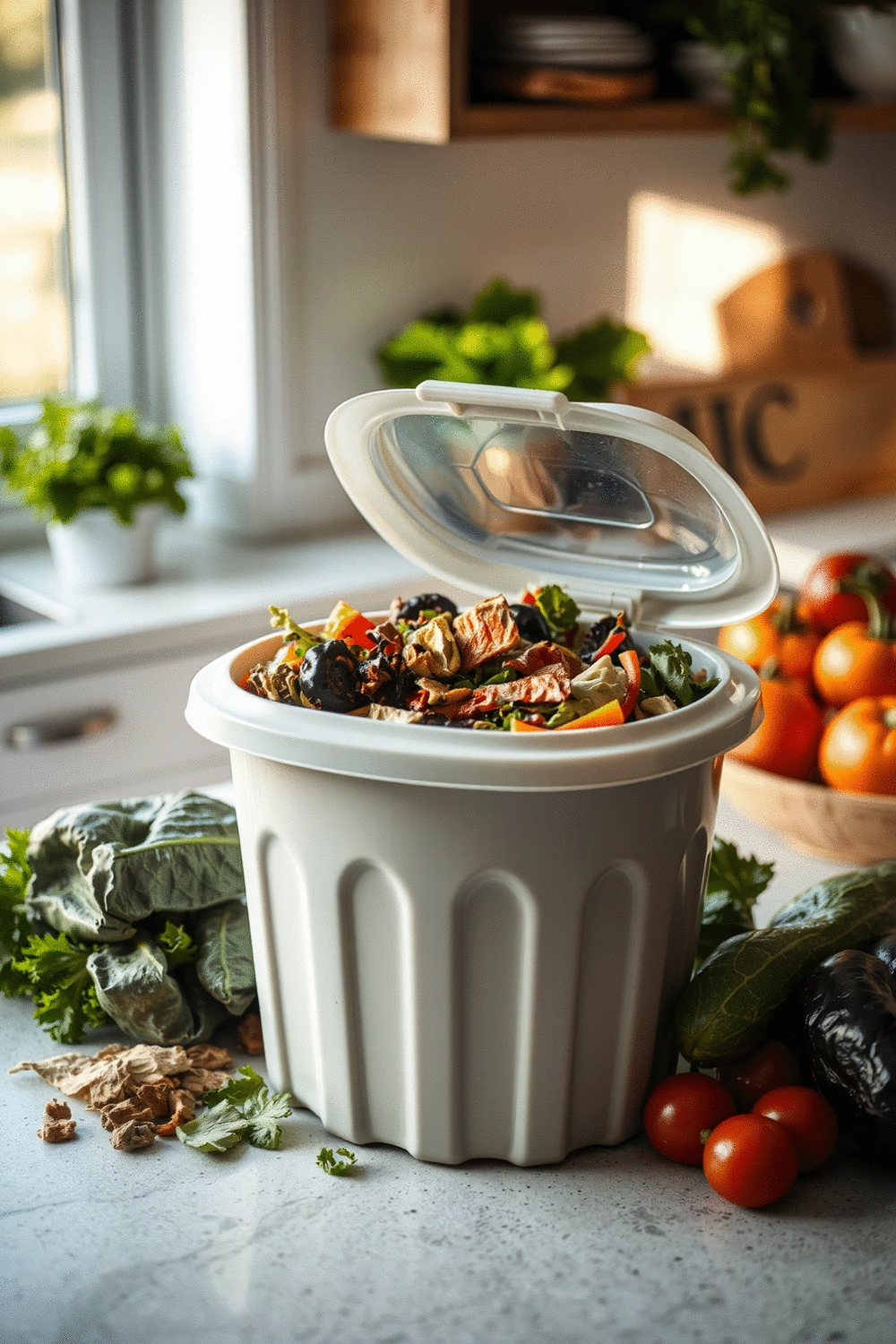 A composting bin filled with vegetable scraps on a kitchen counter next to fresh produce, showcasing zero-waste practices