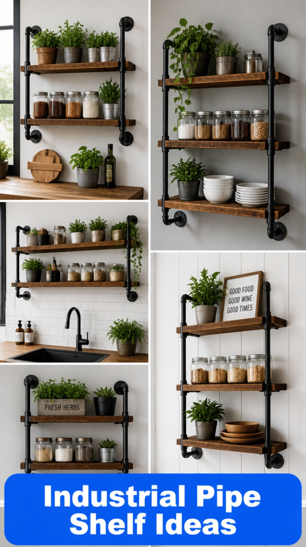 Kitchen Pipe Shelf in Industrial Black Steel with Reclaimed Wood Planks