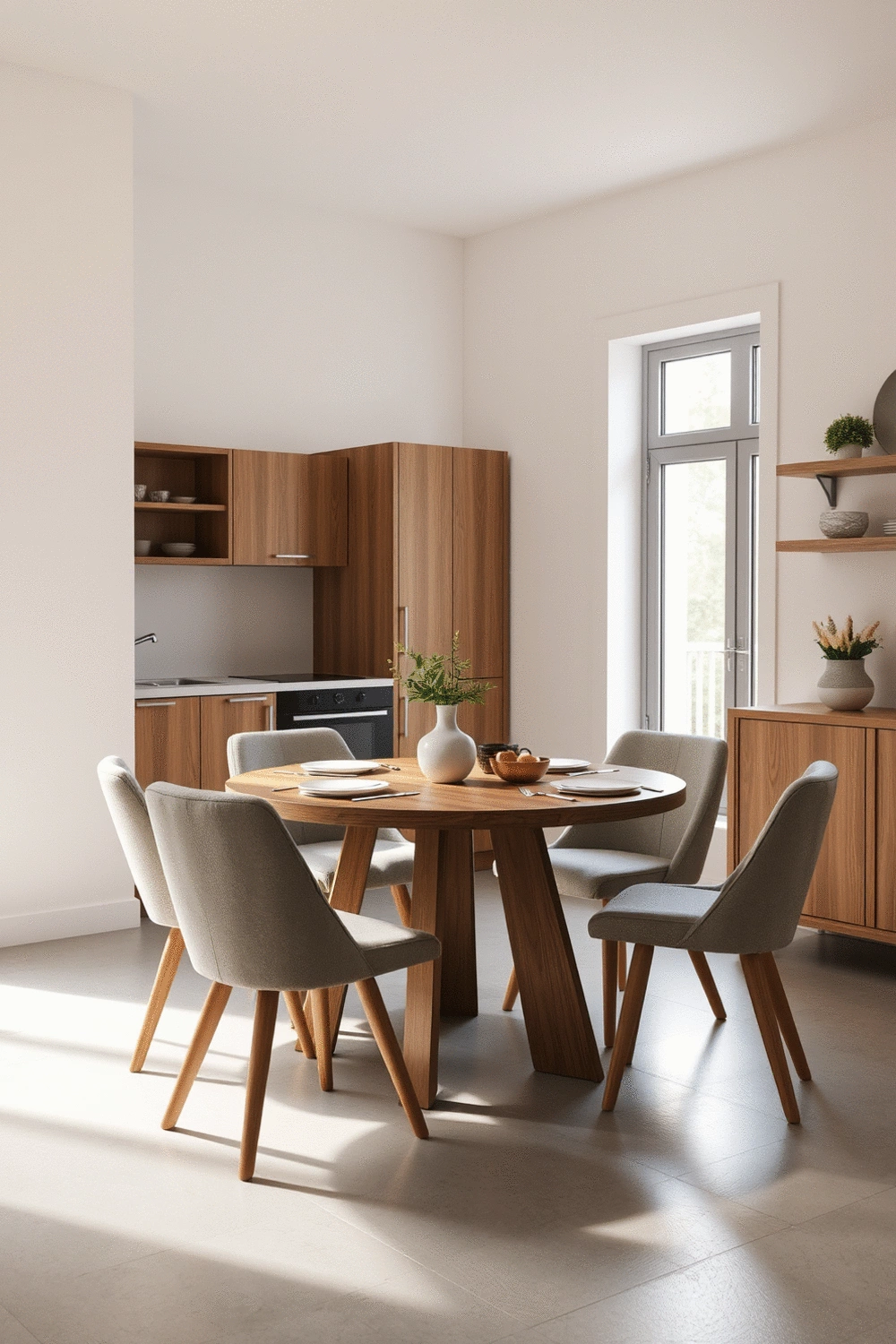 Modern kitchen dining area with a round wooden table and comfortable upholstered chairs, illuminated by soft natural light.