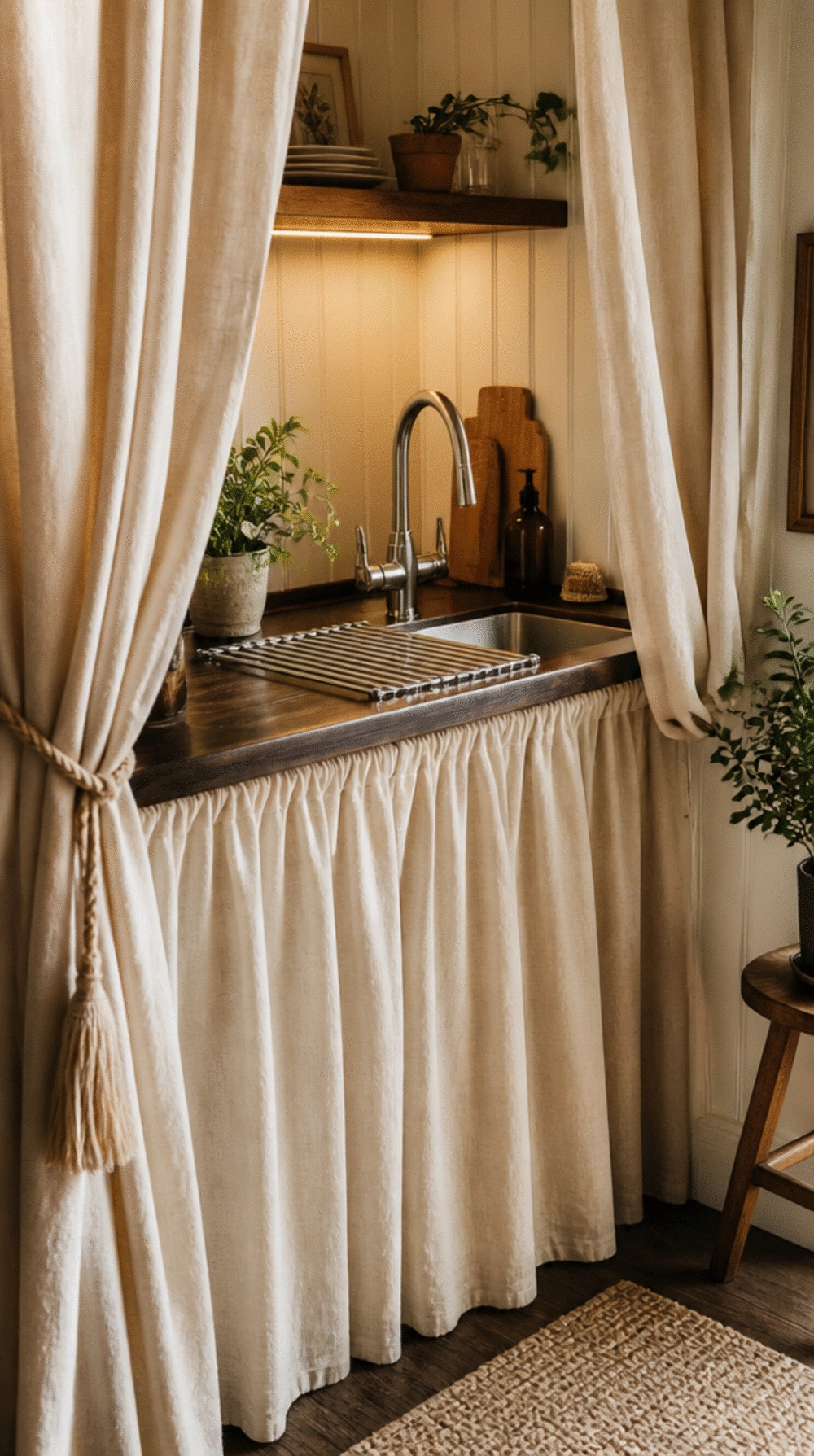 Linen Kitchen Cabinet Curtain Below an Open Sink That Hides Pipework