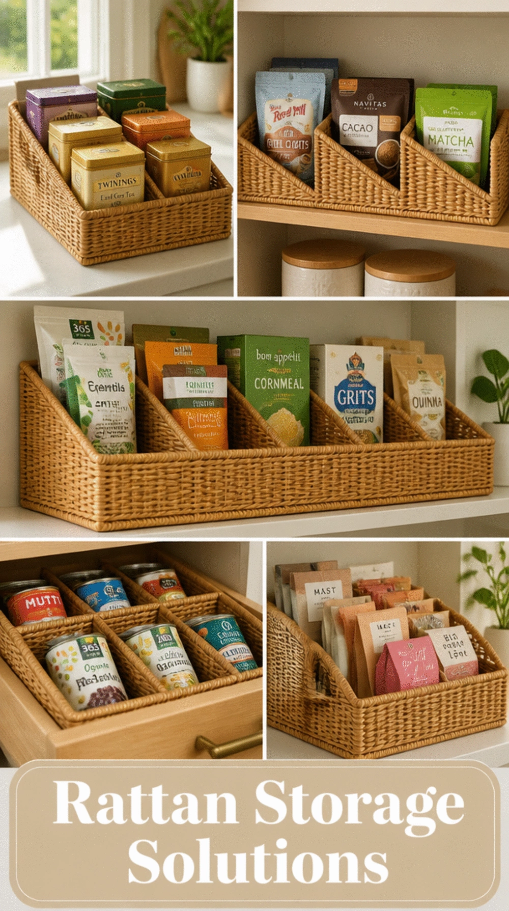 Rattan Kitchen Shelf Divider Basket That Keeps Tins and Packets Neat