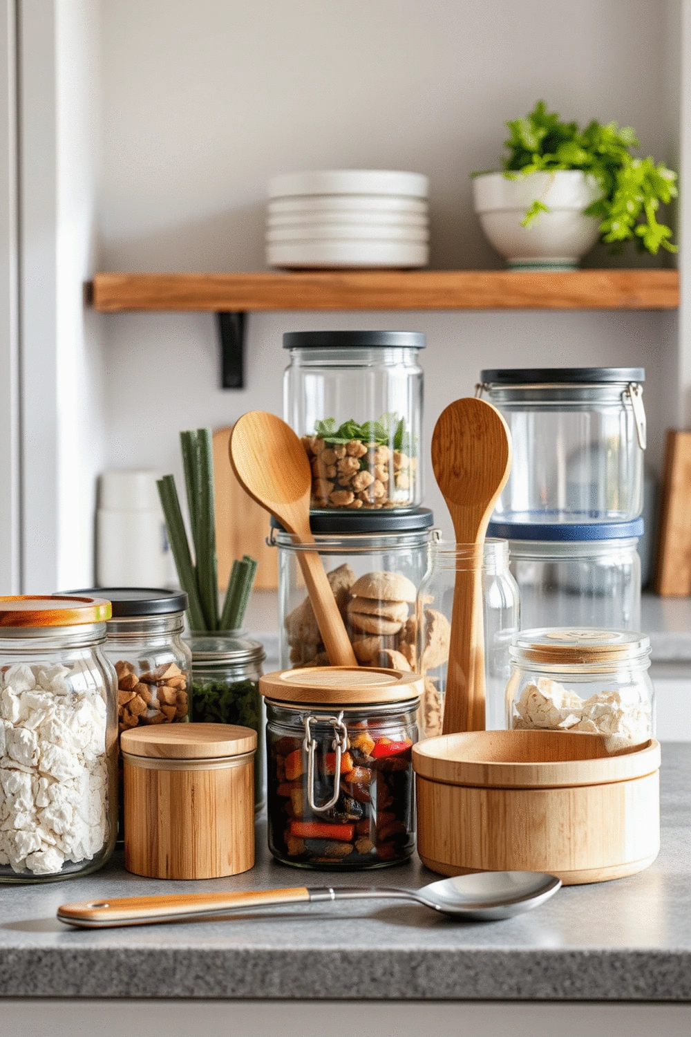 Various reusable kitchen containers and utensils made from glass, bamboo, and stainless steel, neatly arranged on a countertop