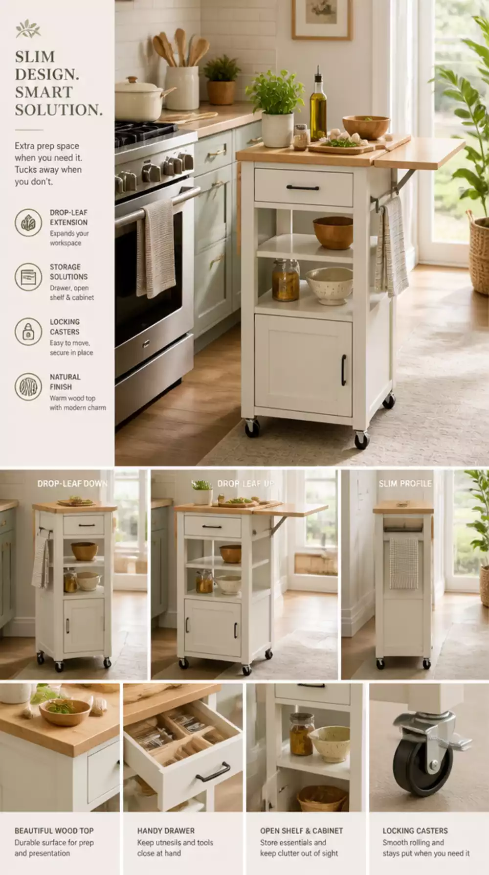 Slim Kitchen Island Cart with Drop-Leaf Extension for Small Spaces