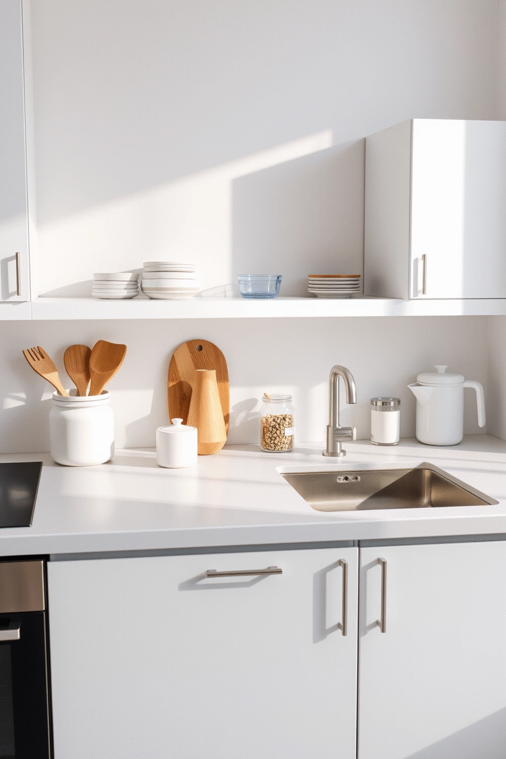 Kitchen countertop with a few neatly organized items, a clear and tidy space, soft natural light