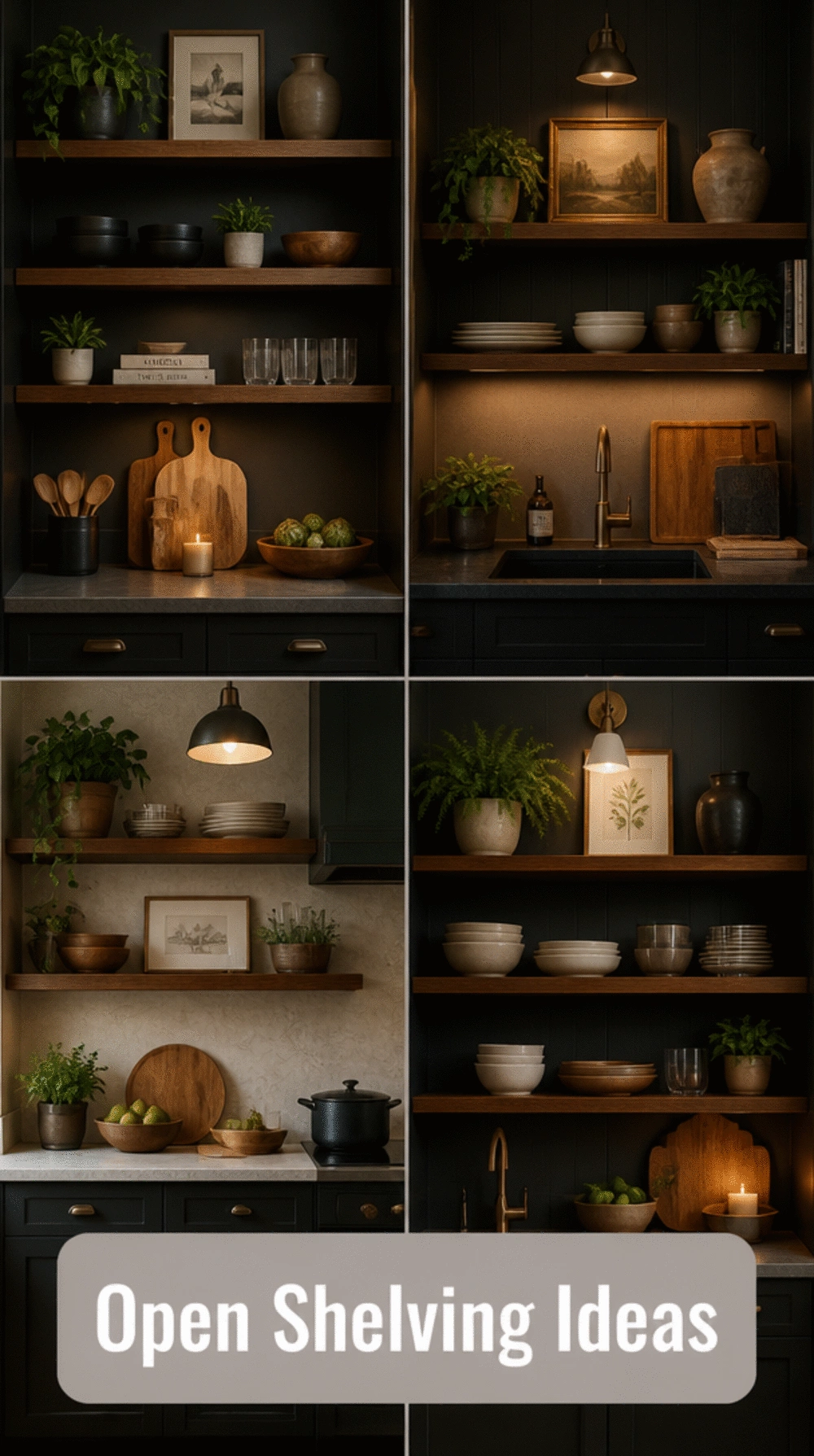 Dark Kitchen Open Shelf in Smoked Oak with Slim Black Bracket Hardware