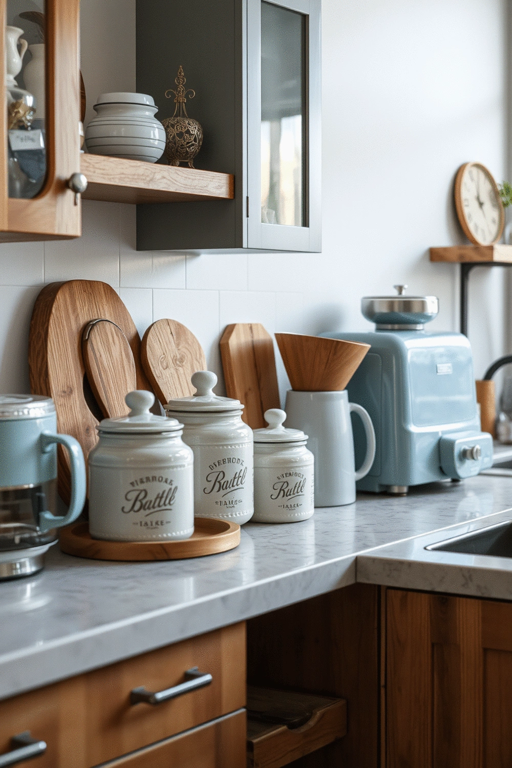 Kitchen counter with vintage ceramic jars and modern sleek appliances, a cohesive color palette, and antique decorative items