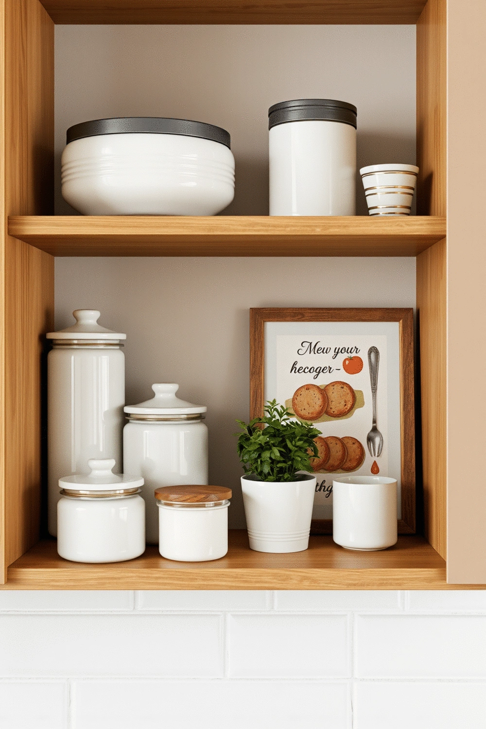 Kitchen shelf with decorative jars, potted herbs, and framed culinary-themed artwork, showcasing personalized decorative accessories.