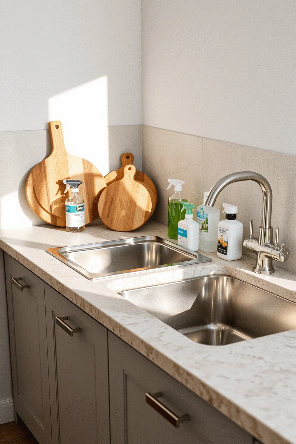 Well-maintained kitchen countertop made of natural stone, with wooden cutting boards and a metal sink, showcasing various cleaning supplies. No humans, no people, no hands, no body parts.