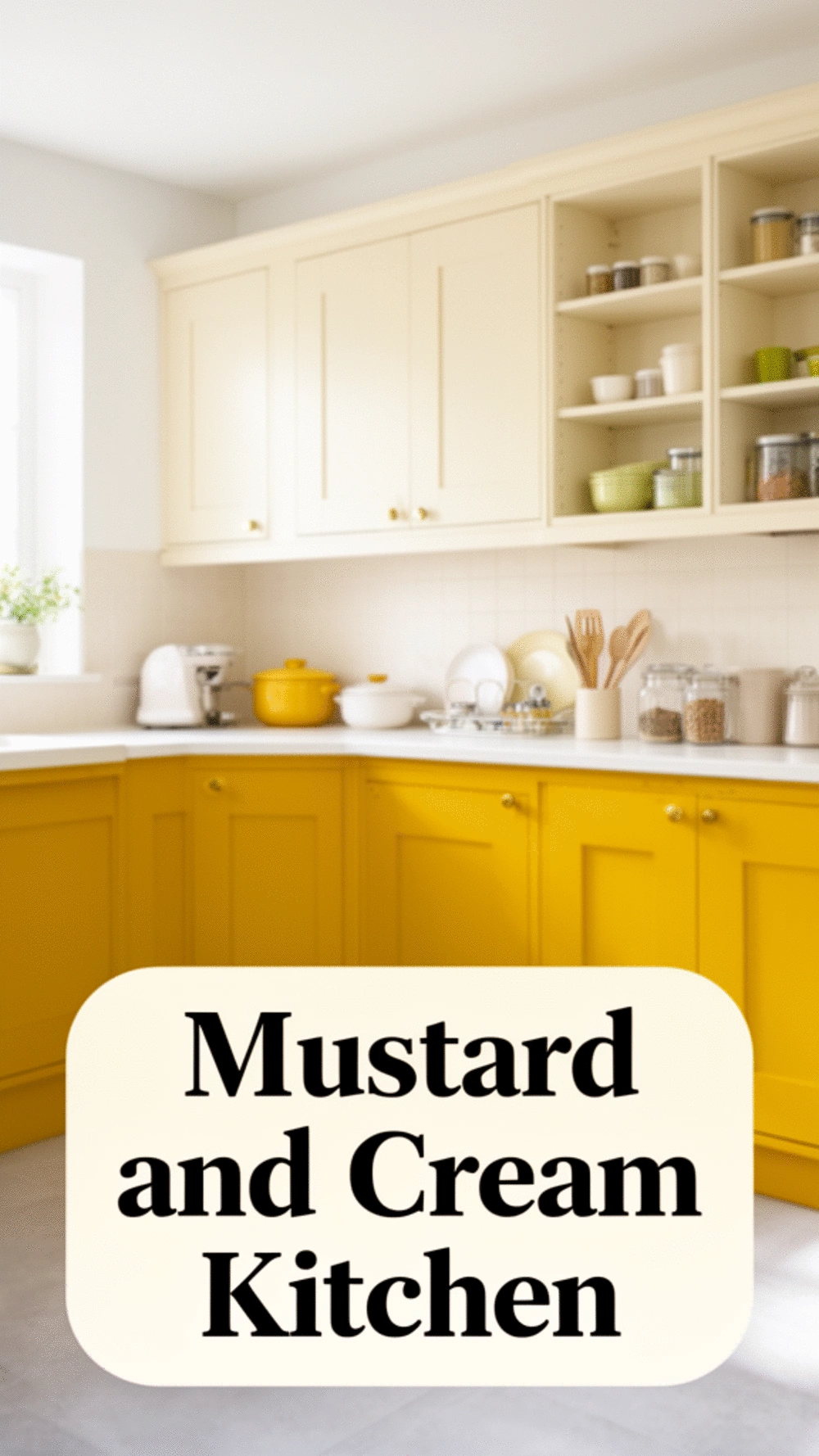 Mustard Yellow Kitchen Lower Cabinet with a Cream Upper Cabinet Contrast