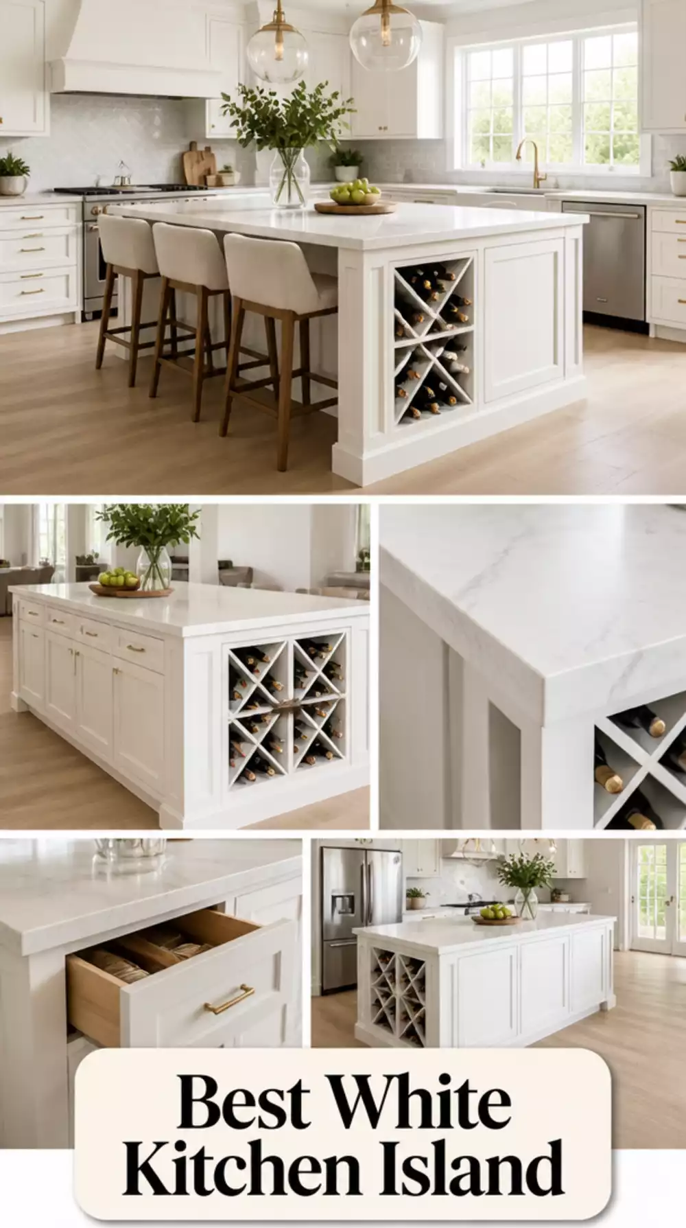 White Kitchen Island with Quartz Top and Built-In Wine Rack Storage