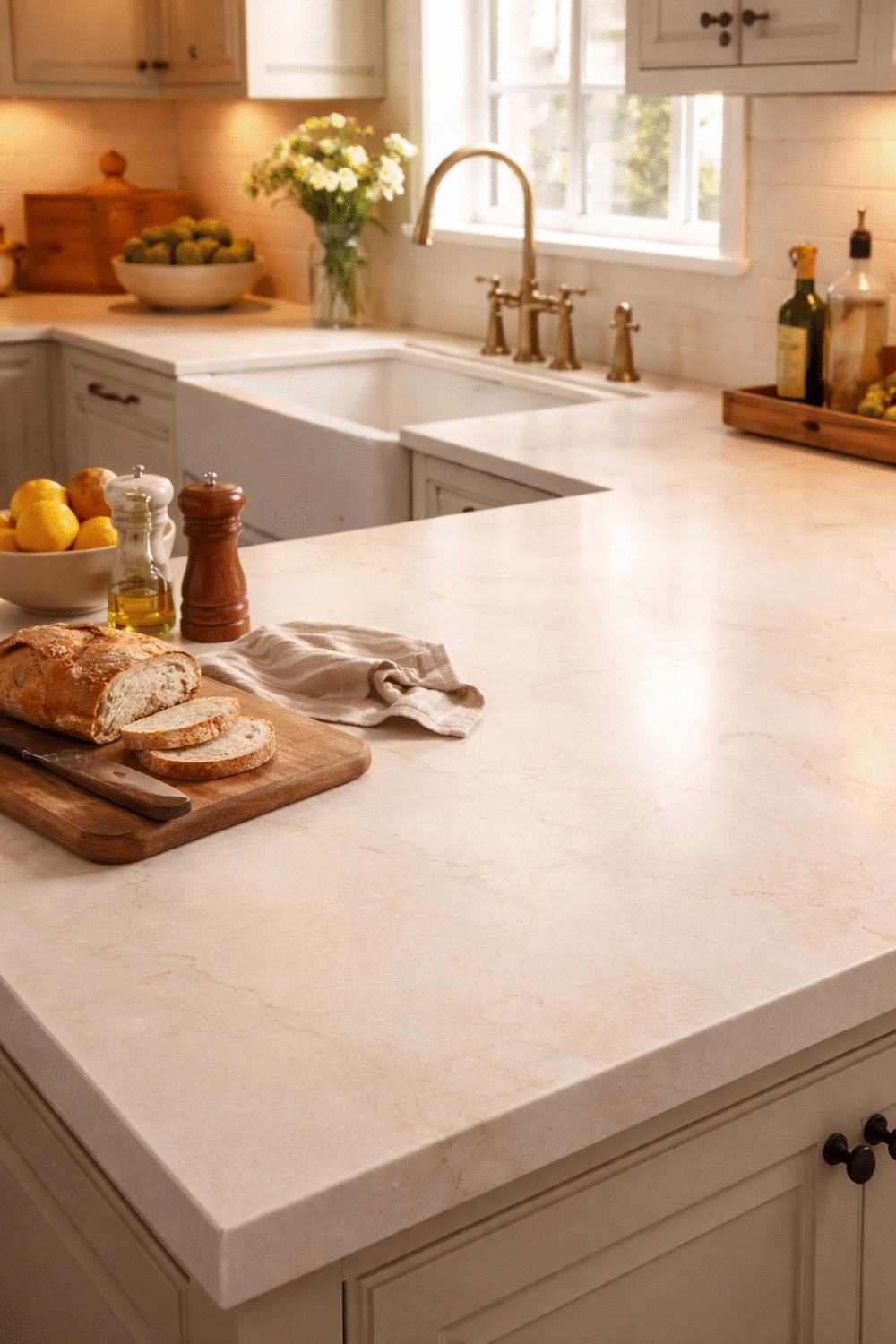 Kitchen Counter in Honed Warm Ivory Quartz with a Subtle Veined Surface