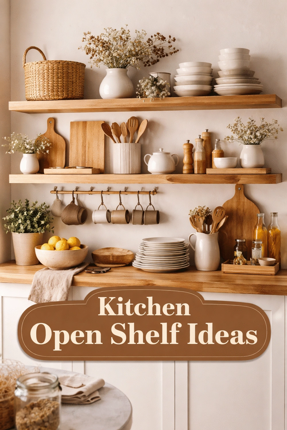Natural Timber Kitchen Open Shelf Against a Warm White Painted Wall