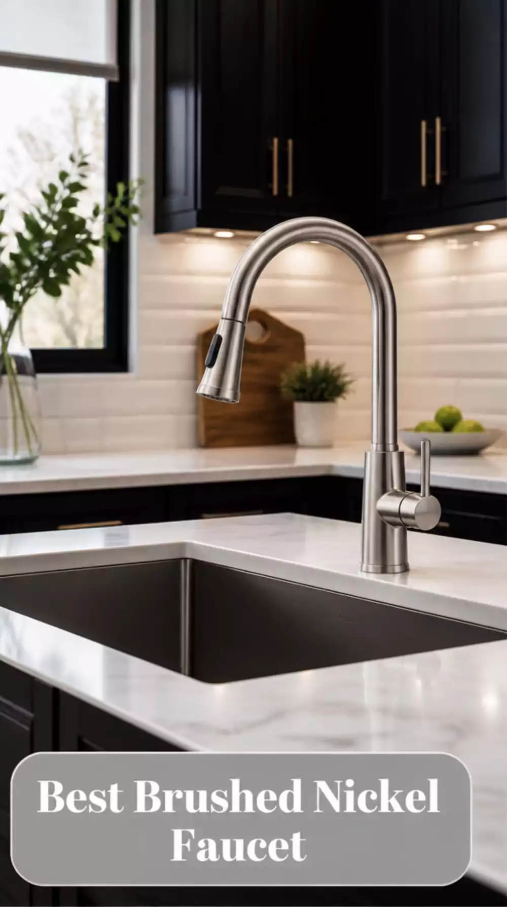Brushed Nickel Kitchen Faucet with a Gooseneck Spout Above a Deep Sink