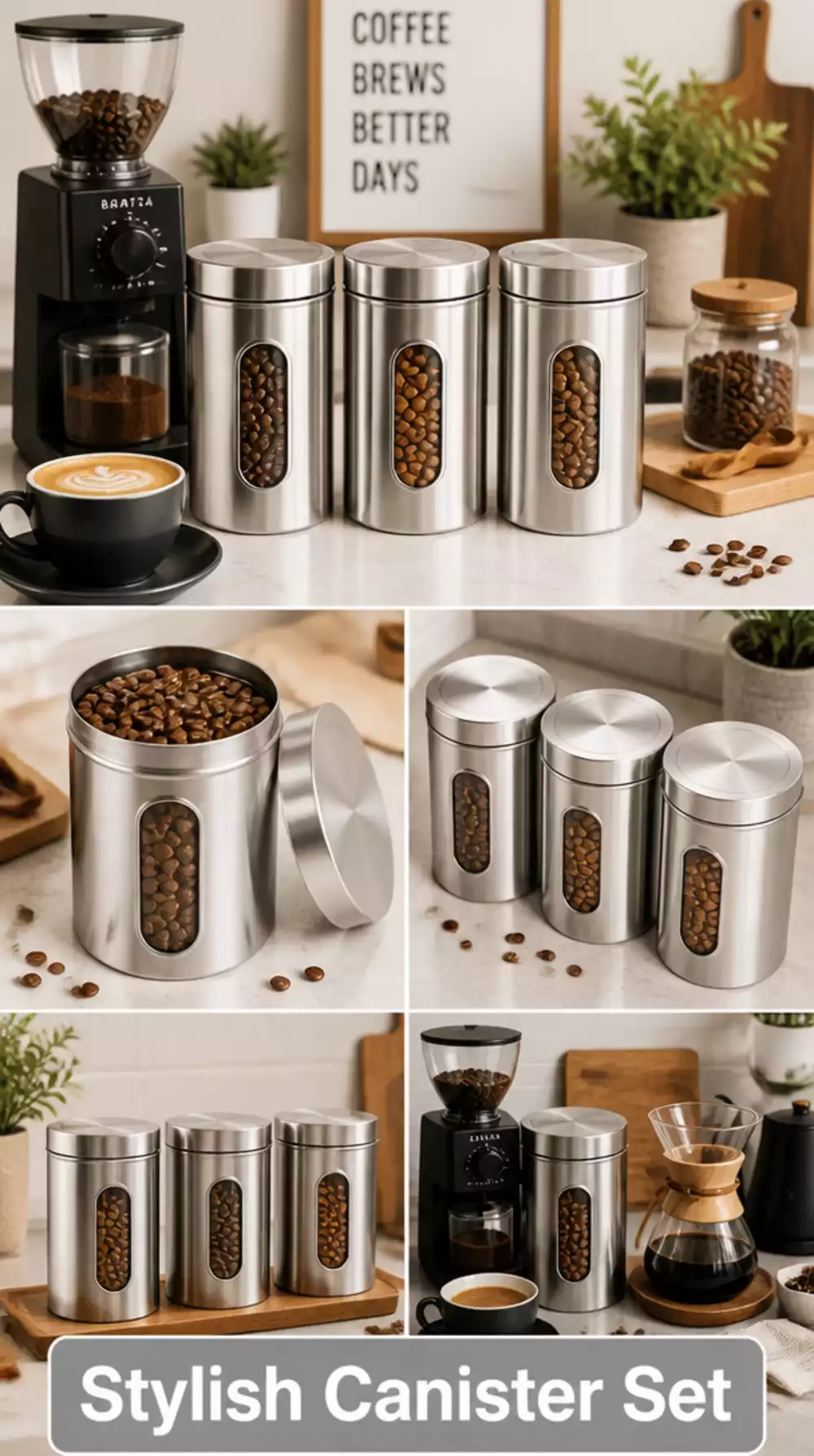 Kitchen Coffee Station Matching Canister Set in Brushed Stainless for Beans
