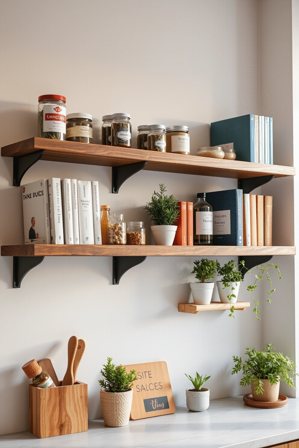 Kitchen wall with open shelves displaying neatly organized spices, cookbooks, and small potted herbs, soft natural light, clean background