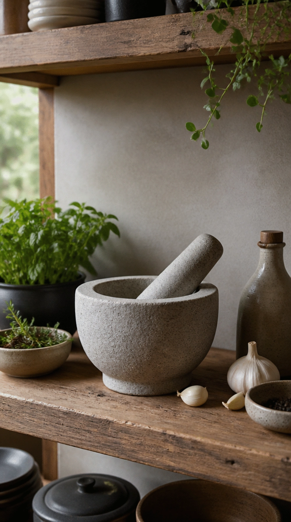 Stone Kitchen Pestle and Mortar in Pale Grey Displayed on an Open Shelf