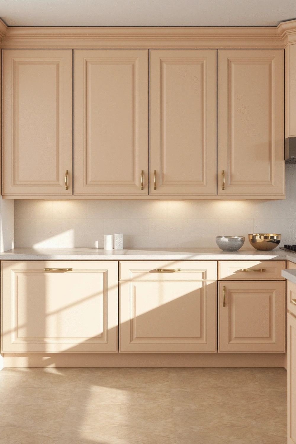Elegant closed kitchen cabinets with minimalist hardware, clean lines, and a warm, inviting feel, soft natural light, no text, no words, no typography, no labels, clean image