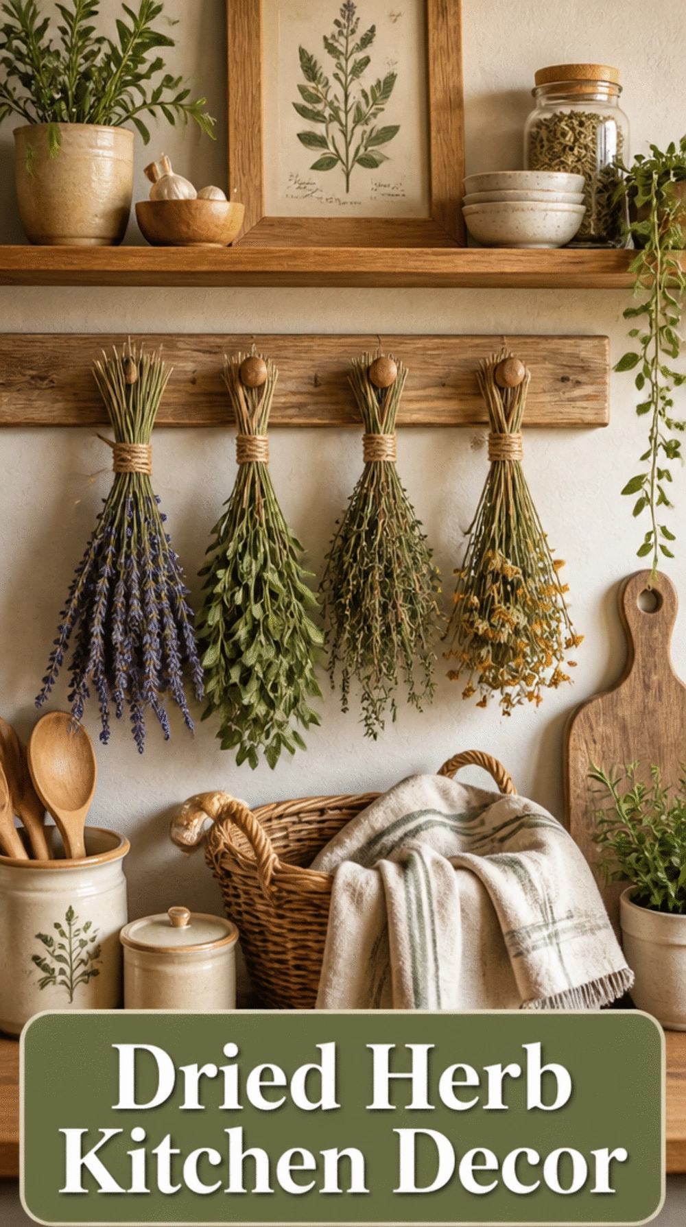 Kitchen Shelf Styled with Dried Herb Bundles and a Linen Dish Cloth