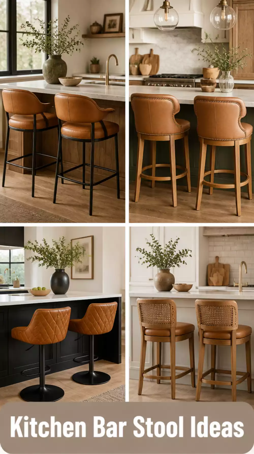 Kitchen Island Bar Stools in a Warm Cognac Leather Finish