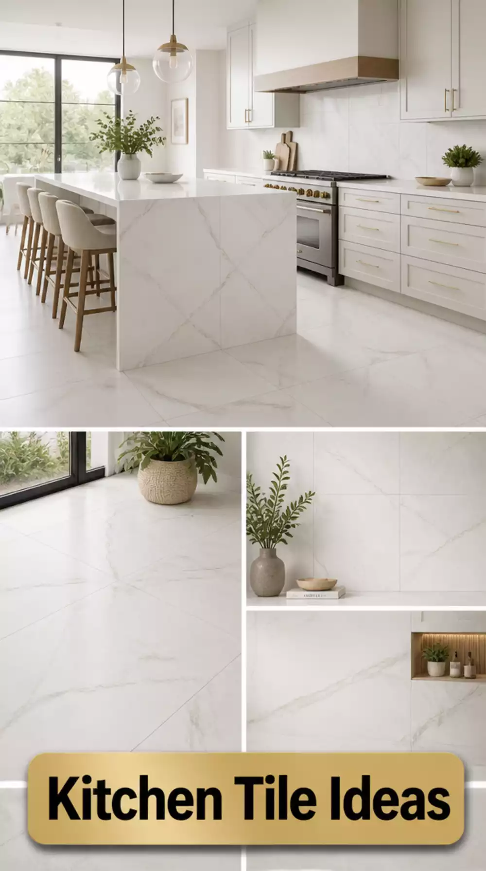 Kitchen Floor Tile in a Large Format White Stone with Subtle Veining