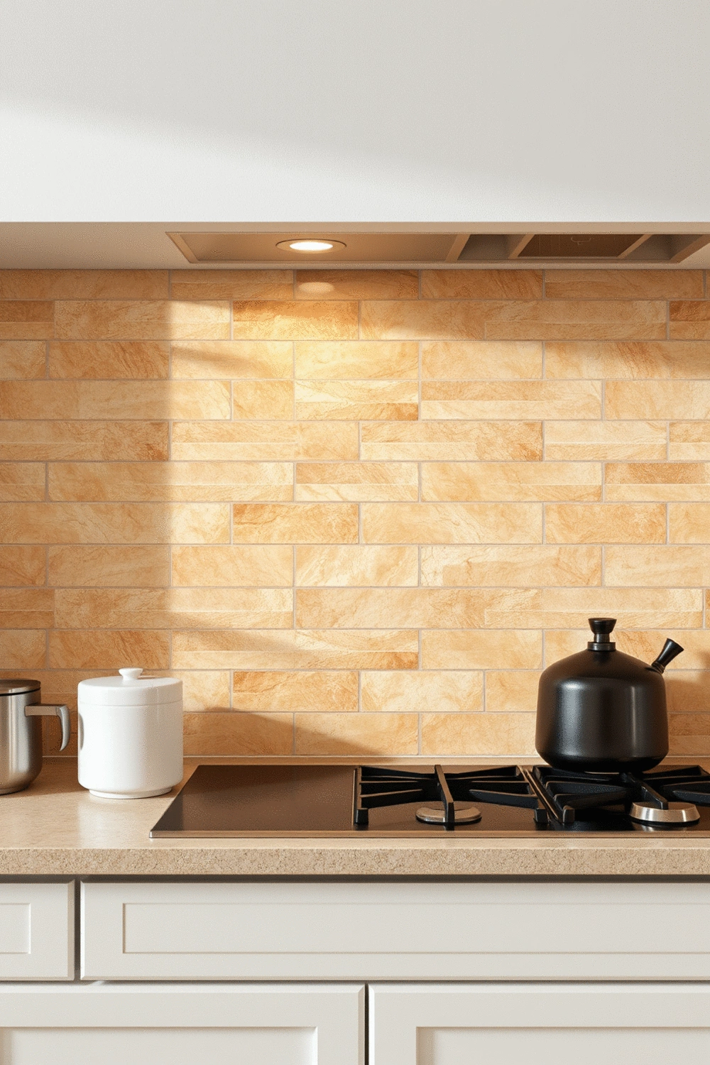 Kitchen backsplash made of warm-toned natural stone tiles, creating a sense of calm and comfort.