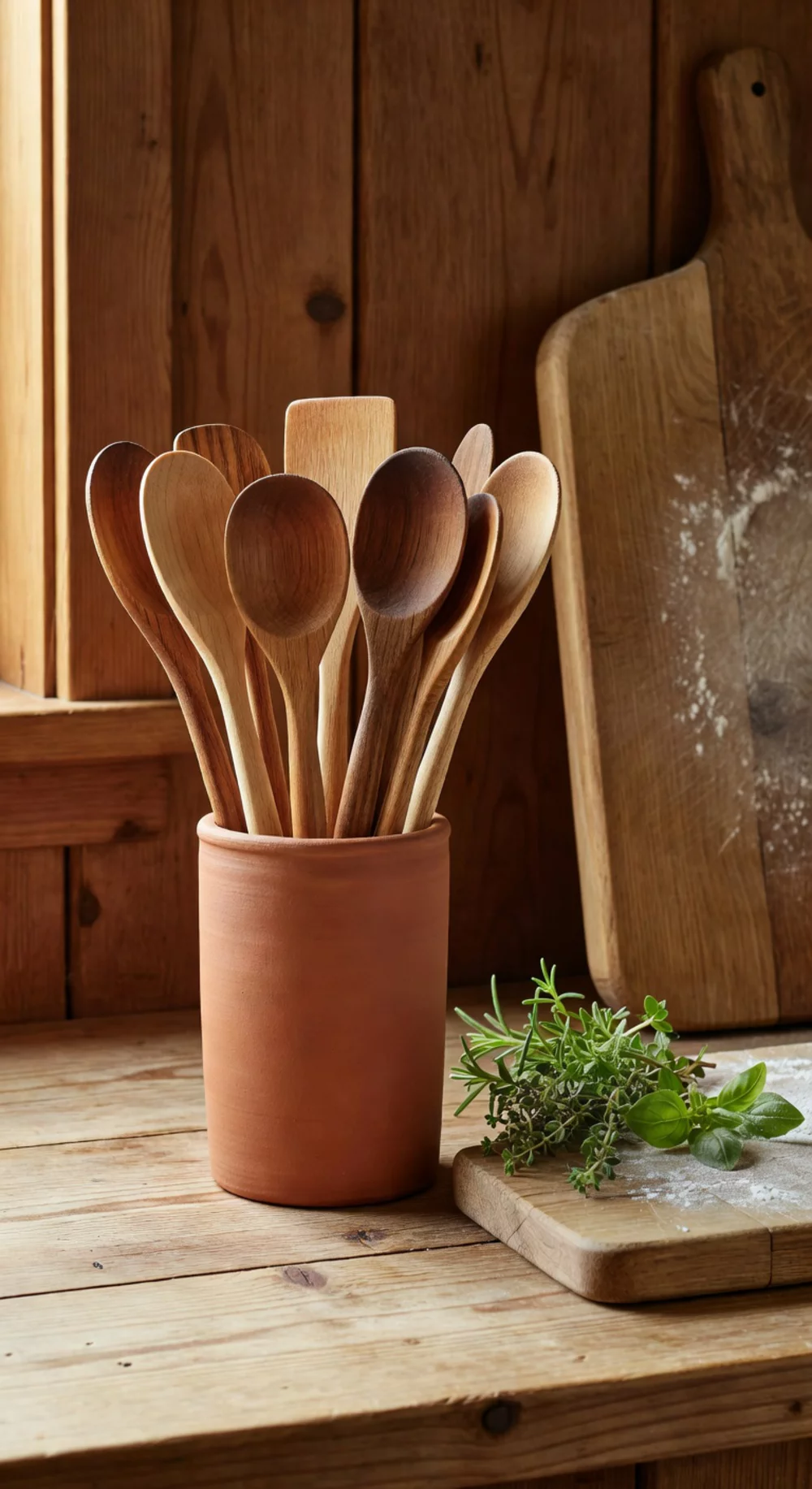 Wooden Kitchen Spoon Collection Displayed in a Tall Terracotta Holder