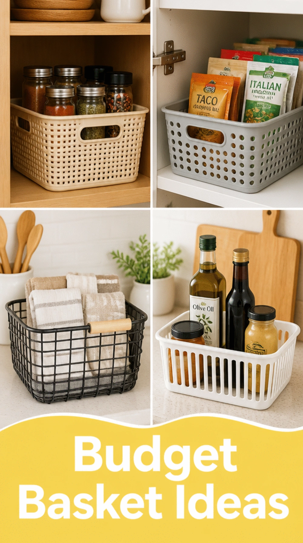 Repurposed Kitchen Cabinet Bin Idea Using Baskets from the Dollar Store