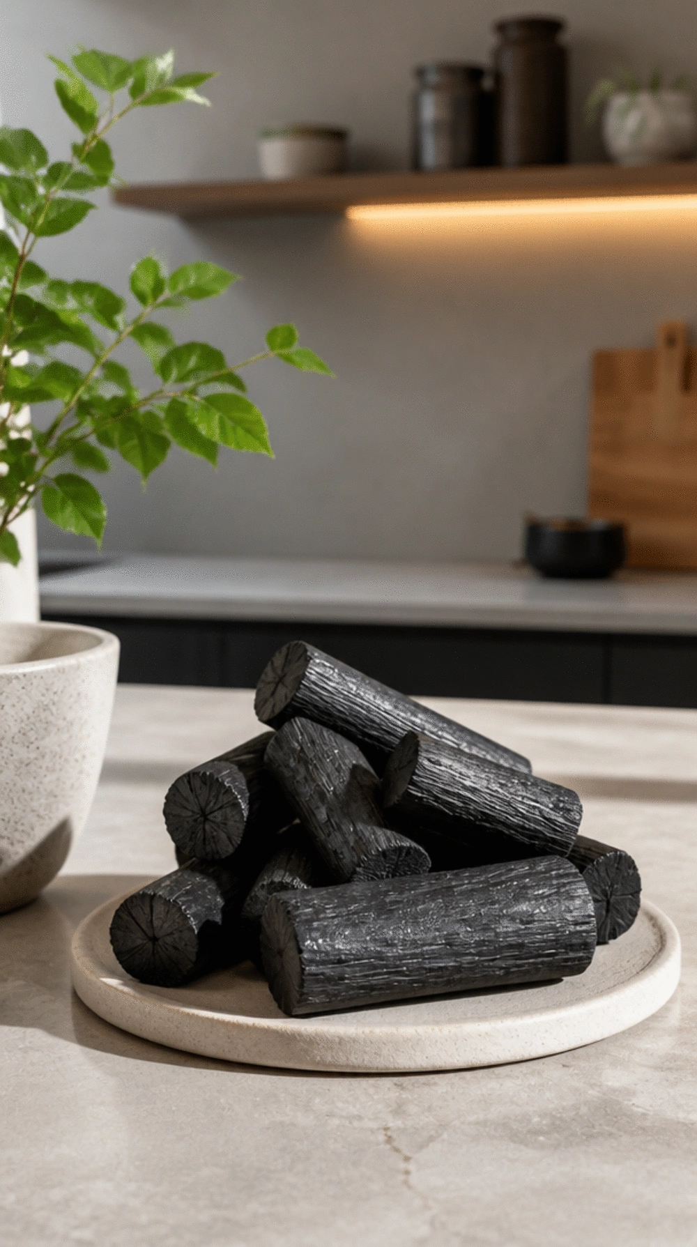 Natural Binchotan Charcoal Block Set Displayed on a Kitchen Countertop